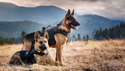 A K9 dog unit in training with the military; canine dogs in the middle of training while wearing a tactical vest and equipment; a german sheppard dog under training by the military; dog training