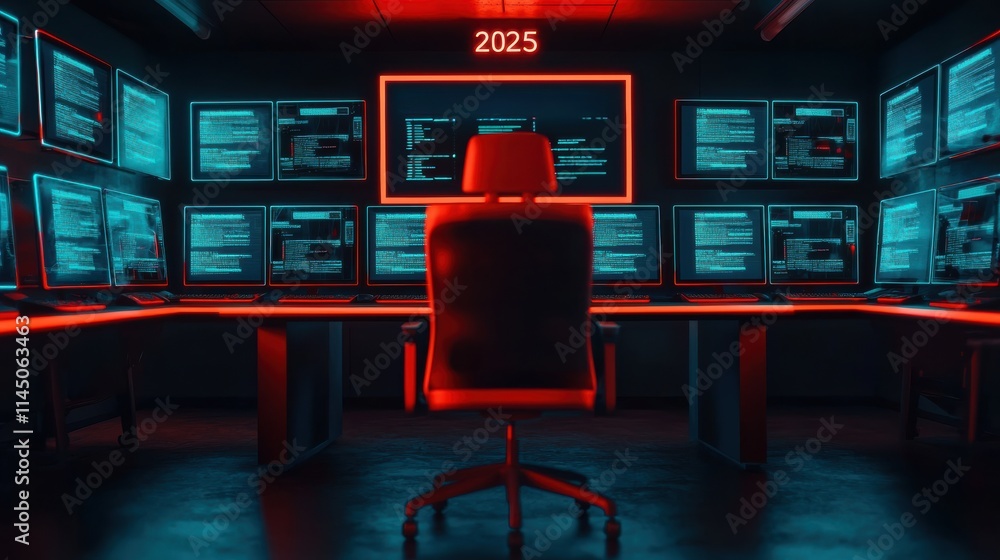 Poster Futuristic control room showing code and data visualization in 2025