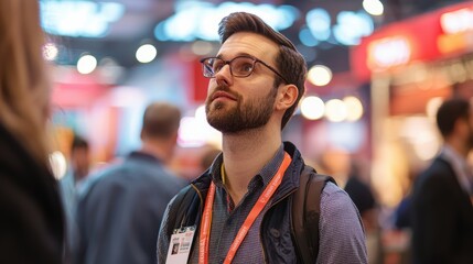 Vibrant Branding at Trade Show: Engaging Attendee and Detailed ID Badge for Networking