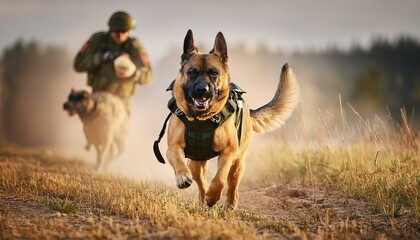 A K9 dog unit in training with the military; canine dogs in the middle of training while wearing a tactical vest and equipment; a german sheppard dog under training by the military; dog training