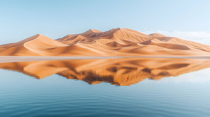 Sand dunes reflected in still water.