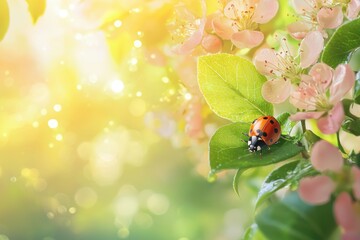 Naklejka premium Ladybug on Leaf Surrounded by Spring Flowers and Sunlight for Nature-Inspired Design