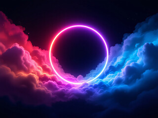 Obraz premium Vibrant neon circle glowing with radiant colors against a dark, mystical background.