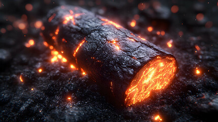 Glowing ember log on dark ash.