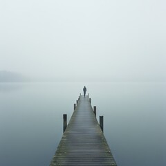 Fototapeta premium A solitary figure stands on a misty pier extending into a calm lake.