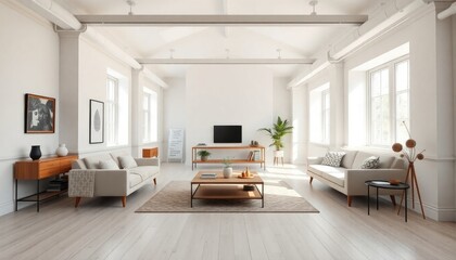 Fototapeta premium A bright loft living room with white-painted skirting boards, modern furniture, and plenty of natural light to create a welcoming and open space