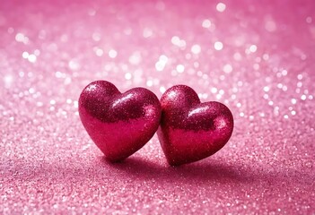 Shiny metallic red heart ornaments, Pink glittery background