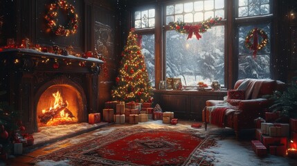 Cozy Winter Scene with Warm Fireplace, Hot Cocoa, and Holiday Decor