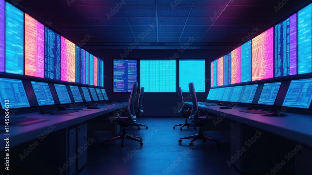 Poster futuristic office showing holographic screens displaying financial analysis data