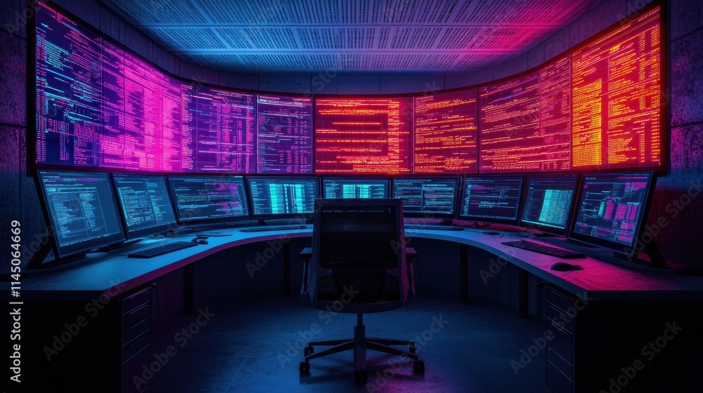 Aufkleber Futuristic command center showing code on multiple screens
