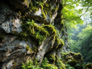Discovering the serenity of a misty forest canyon adorned with lush green moss and vibrant ferns