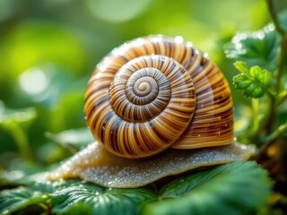 Delicate spiral of a snail gracefully navigating lush green foliage in soft morning light
