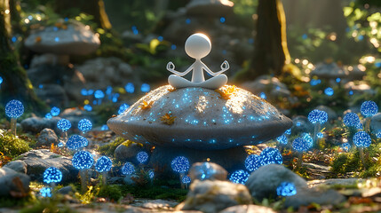 Serene figure meditates atop glowing mushroom in mystical forest.