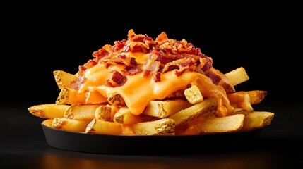 Delicious loaded cheese fries fast food restaurant food photography dark background top view