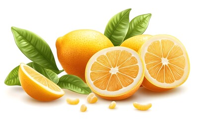 Fresh lemons whole, halved, sliced with leaves on white background.