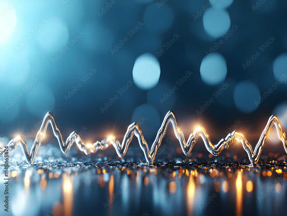Poster silver line creates wave pattern with golden light reflection and data visualization theme.