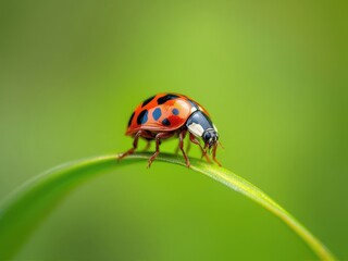 Fototapeta premium Bright ladybug navigates a delicate green leaf under soft sunlight, showcasing nature's intricate beauty and vibrant colors during a serene moment in spring