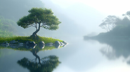 Serene mist-shrouded lake with single tree reflecting in calm water.