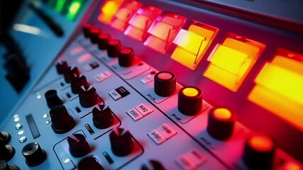 Close up of a high end audio mixing console with intricate switches and knobs, illuminated in red and orange lights, essential for sound engineers and djs in music studios