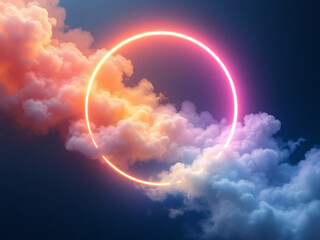 Vibrant neon circle glowing with radiant colors against a dark, mystical background.