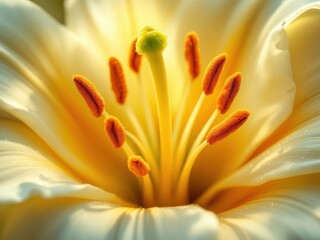 Obraz premium Delicate petals unfold to reveal vibrant stamen in a captivating close-up of a blooming flower at sunrise in a serene nature setting