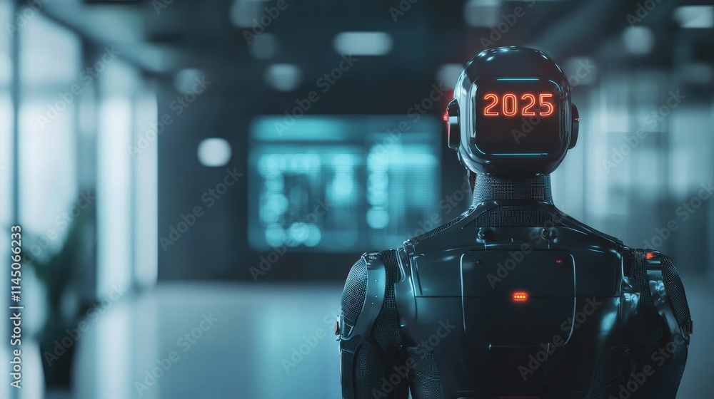 Poster robot looking at digital screen showing 2025 year in futuristic office environment
