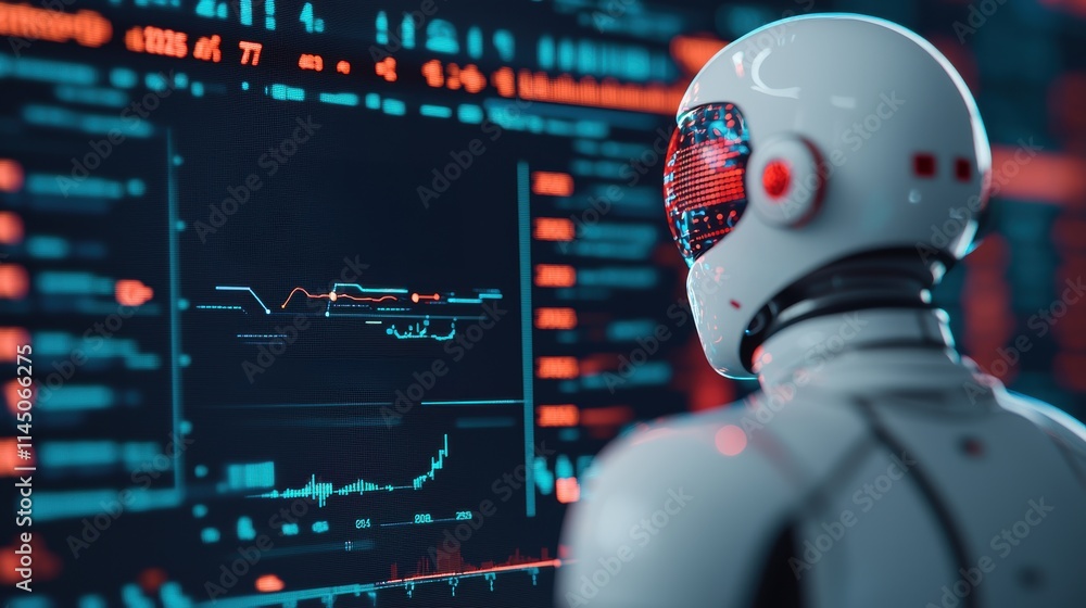 Poster Futuristic robot analyzing data on digital screen displaying charts