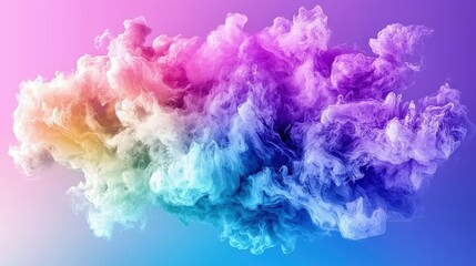 Fototapeta premium Vibrant multicolored smoke cloud with swirls of pink, purple, blue, and yellow floats against a matching gradient background.