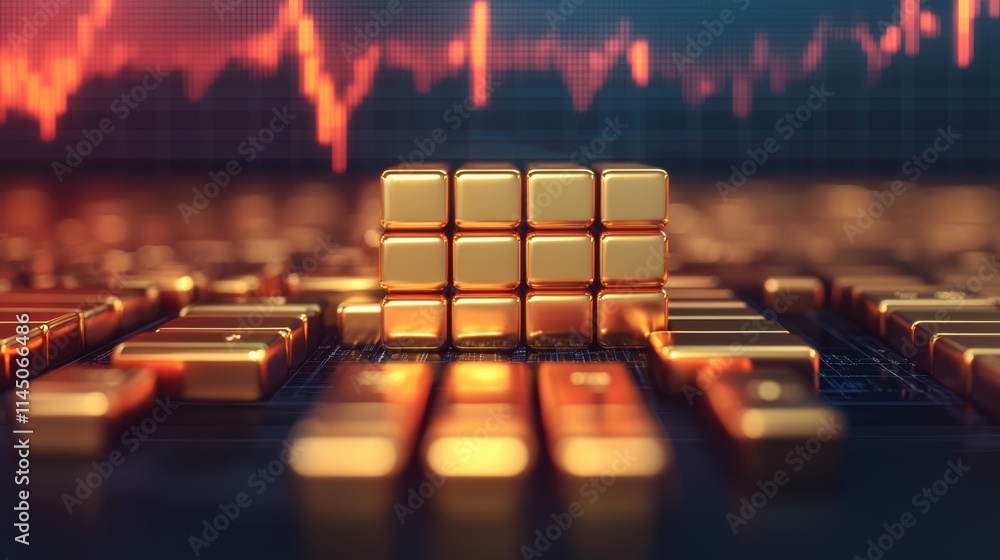 Poster gold bars forming a cube representing investment and financial chart showing decreasing trend