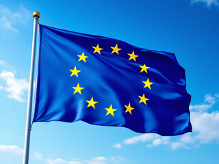 European Union flag waving against a clear blue sky with scattered clouds.