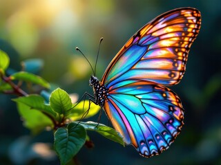 Obraz premium Vibrant butterfly perched delicately on lush green leaves during the golden hour of a tranquil afternoon