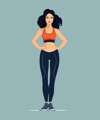 Girl in a fitness suit - top and leggings came to workout. Flat vector design.