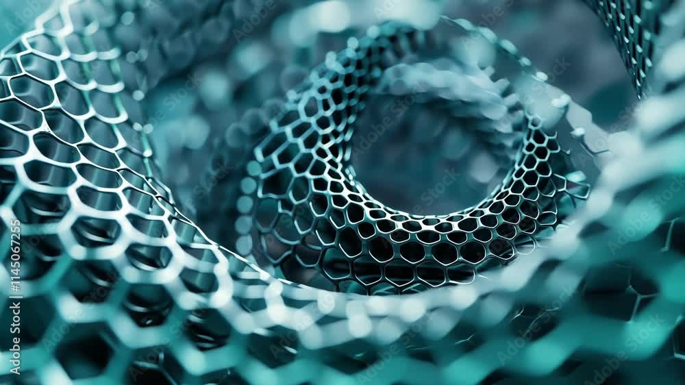 Poster complex metallic mesh structure rotating and creating a big data flow, visualized with a teal color 