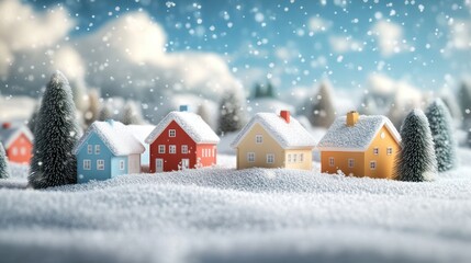 A whimsical winter wonderland scene featuring colorful snow-covered houses and pine trees, with fluffy clouds overhead and gentle snowflakes falling.