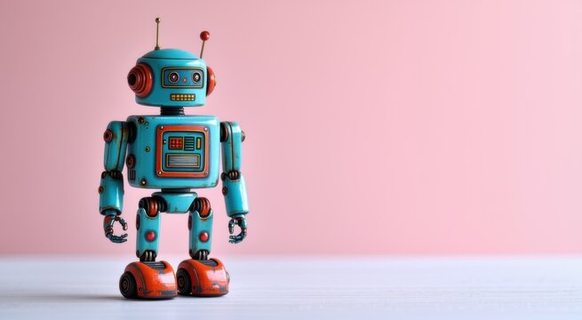 Toy robot that is standing on a table, space for text