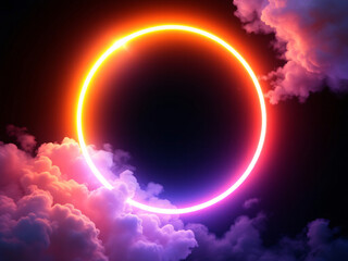 Fototapeta premium Vibrant neon circle glowing with radiant colors against a dark, mystical background.
