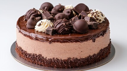 Decadent chocolate mousse cake decorated with assorted chocolates and cream.