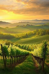 Naklejka premium Early Spring Vineyards at Sunrise: A Serene and Refreshing Landscape for Posters and Prints