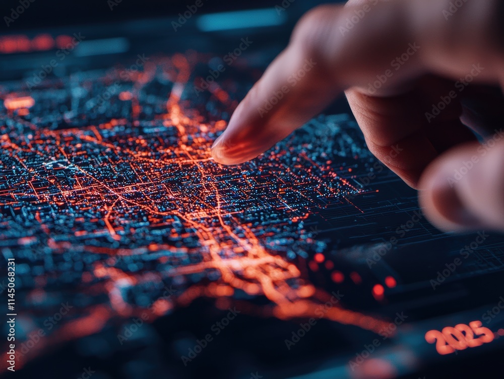 Poster businessman analyzing futuristic glowing digital map on interactive screen