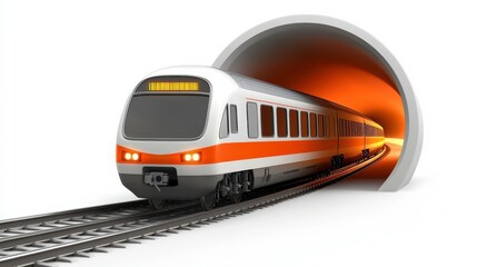 Naklejka premium Modern Train Emerging from Tunnel with Orange Glow in Background, Symbolizing Speed, Technology, and Uninterrupted Journey in a Futuristic Transportation Concept