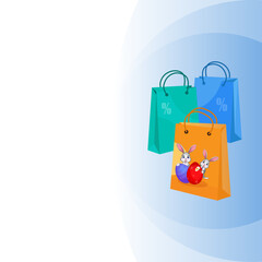 Concept background of online shopping for Easter, buying and selling for the holiday. Gift bag with bunnies.