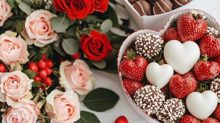 Naklejka premium Heart-shaped gift box filled with fresh strawberries, white chocolate hearts, and truffles next to a beautiful bouquet of red and pink roses on a white surface.