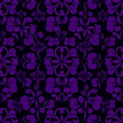 Fototapeta premium Dark Purple Floral Damask Pattern: A rich and sophisticated seamless pattern featuring dark purple flowers and intricate damask details on a black background. Ideal for textiles, wallpapers.