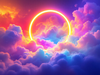 Vibrant neon circle glowing with radiant colors against a dark, mystical background.
