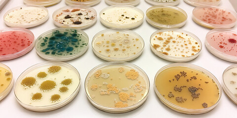 Colorful petri dishes showing various fungal cultures