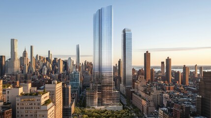 Fototapeta premium Contemporary Urban Architecture Featuring High-Rise Buildings and a Vibrant City Skyline at Sunset with Clear Sky Above