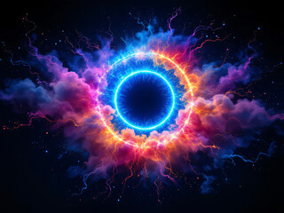Vibrant neon circle glowing with radiant colors against a dark, mystical background.
