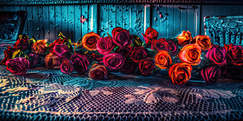 Artificial Roses on Lace Tablecloth