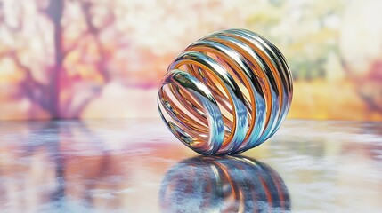 Abstract metallic sphere with spiral design, reflecting on a glossy surface against a blurred nature background.