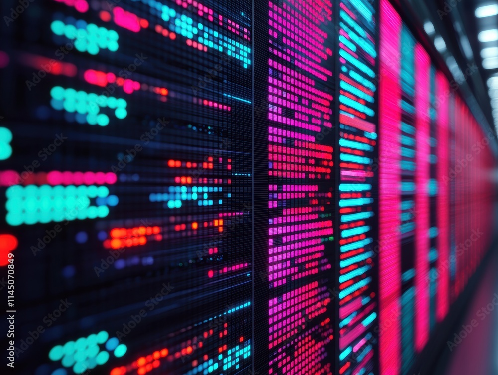 Poster Server room data center showing running diagnostics with colorful rgb lights